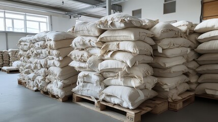 Pile of white sacks on a pallet in a warehous 