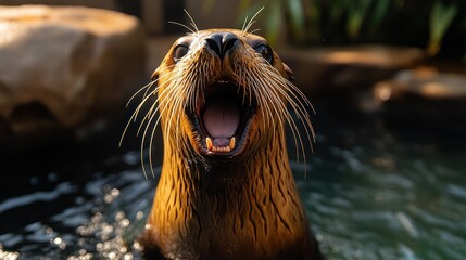 a close-up of a sea lion with its mouth open, showcasing its playful nature.