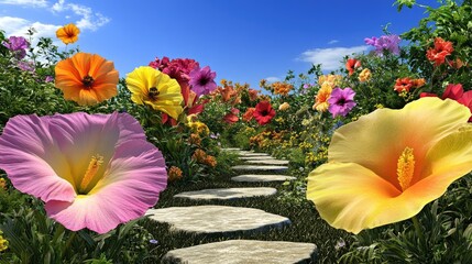 Wall Mural - A vibrant garden path lined with colorful flowers under a clear blue sky.