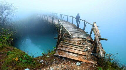 Wall Mural - A solitary figure walks along a misty, rustic bridge over tranquil waters.