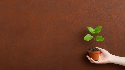 Wall Mural - a hand holding a small plant in a pot