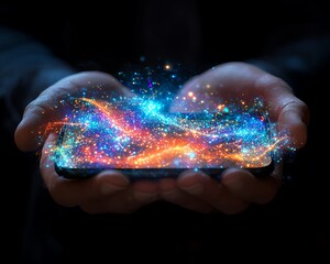 Aufkleber - A businessman holding a smartphone with a glowing holographic display of internet technology, digital links, financial icons, and metaverse concepts, futuristic digital environment
