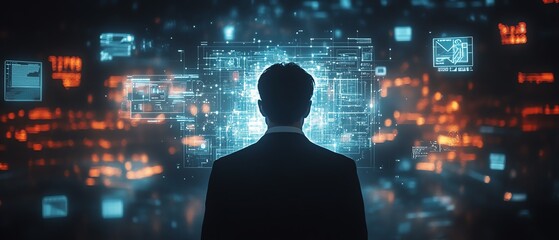 Poster - A businessman looking at a smartphone, with a holographic interface of metaverse, digital banking, and big data, surrounded by digital and financial technology icons