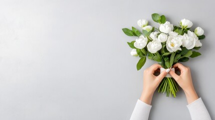 Wall Mural - Elegant White Flower Bouquet Assembly Against Soft Gray Background for Creative Floral Designs