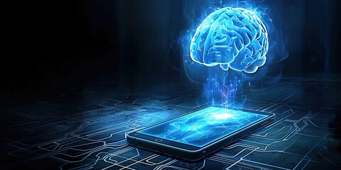 Poster - A luminous, holographic brain hovering above a smartphone, symbolizing advanced artificial 