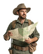 © DOUGLAS - man in park ranger attire holding map, wearing hat and backpack, isolated on transparency background. He appears focused and ready for exploration