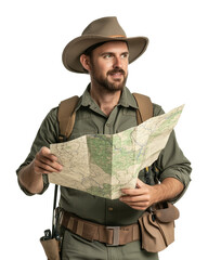 man in park ranger attire holding map, wearing hat and backpack, isolated on transparency background. He appears focused and ready for exploration