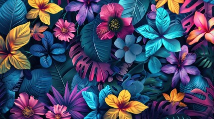 Wall Mural - Vibrant Tropical Paradise: A Symphony of Colorful Flowers and Lush Foliage