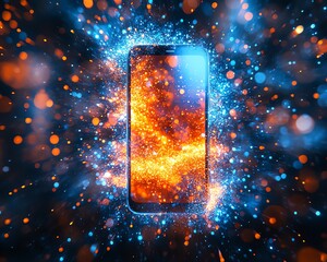 Aufkleber - Smartphone surrounded by an explosion of vibrant blue and orange light effects
