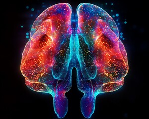 Leinwandbilder - A brain connected with vibrant circuitry patterns, digital and abstract design on a dark background, symbolizing the fusion of human intellect and advanced technology