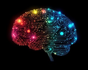 Aufkleber - A brain connected with vibrant circuitry patterns, digital and abstract design on a dark background, symbolizing the fusion of human intellect and advanced technology