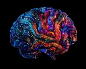 Fototapete - A brain connected with vibrant circuitry patterns, digital and abstract design on a dark background, symbolizing the fusion of human intellect and advanced technology