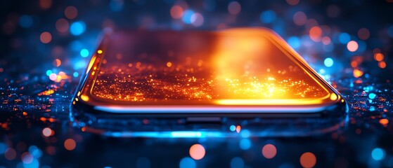 Fototapete - A smartphone glowing in vibrant blue and orange tones, with light effects and abstract digital patterns, bokeh background, capturing creativity, modern tech, and innovation