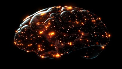 Fototapete - Abstract brain with glowing circuitry patterns, dark background, symbolizing the integration of human intellect with modern digital networks and technological advancements