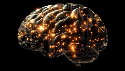 Fototapete - Abstract brain with glowing circuitry patterns, dark background, symbolizing the integration of human intellect with modern digital networks and technological advancements
