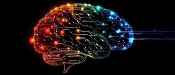 Poster - Colorful brain with digital circuitry patterns flowing through it, dark background, showcasing the connection between human intellect and cuttingedge technology