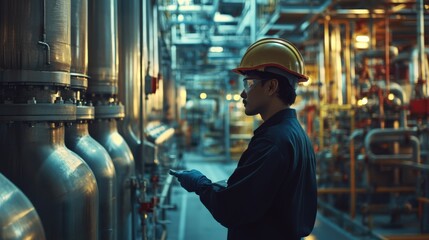 Wall Mural - Concept of focus and concentration as the man uses the tablet to perform his job