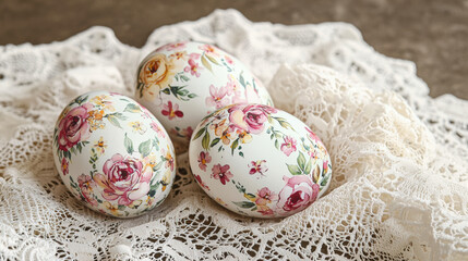 Canvas Print - Decorative floral eggs on lace fabric, perfect for spring