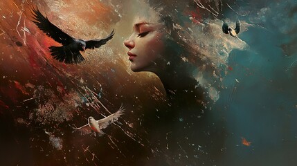 Wall Mural - Dreamlike Woman and Birds: An Abstract Portrait