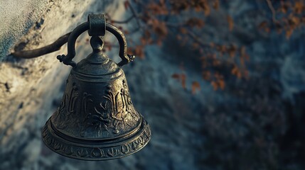 Wall Mural - Ancient Ornate Bronze Bell on Wall: Close-up Detail