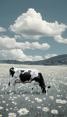 Wall Mural - A black and white cow grazes in a field of daisies under a cloudy sky.