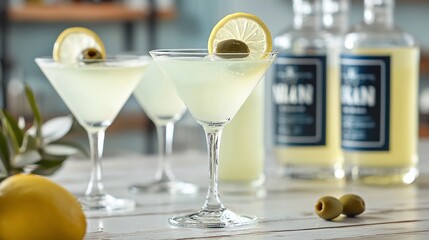 Two lemon and olive martini cocktails on a table.