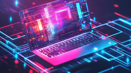 Laptop technology digital display electronic circuit lines and light
