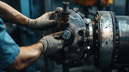 Wall Mural - A man is working on a machine with his hands in gloves