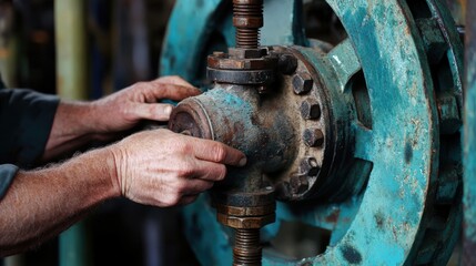 Wall Mural - A man is working on a machine with a green wheel