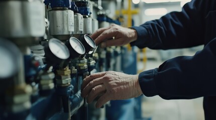 Wall Mural - A man is working on a machine with a blue and silver color