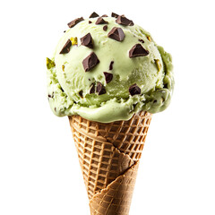 Wall Mural - A scoop of delicious creamy pistachio ice cream with some chocolate pieces in a cone, isolated on white background