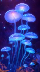 Wall Mural -  glowing neon-blue mushrooms on the ground, purple background, black light effect