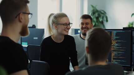 In a vibrant tech office, a female computer programmer animatedly discusses coding challenges with her peers, fostering collaboration and creativity. The atmosphere is lively and inspiring