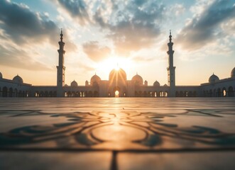 Wall Mural - A blurred background of an empty square with the silhouette of mosque buildings in the foreground, creating space for product display or presentation. The sky is filled with clouds, and sun rays are