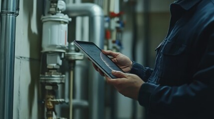 Wall Mural - A man is holding a tablet and looking at a pipe