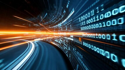 Wall Mural - data tunnel with light trail gentle floating with bokeh light on dark background, innovation futuris