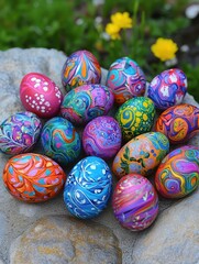 Wall Mural - Assorted easter eggs beautifully painted in a delightful array of vibrant and eye catching colors