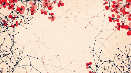 Abstract floral network design with red flowers and connecting lines on a beige background.