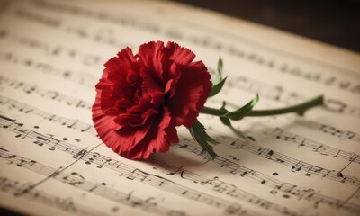 Wall Mural - single red carnation rests on old music score, paper, carnation, photography