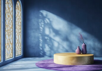 Sticker - A round podium with a gold texture stands on the right side of an empty blue wall in a modern interior design style. A small purple carpet and two vases placed next to it add a color contrast