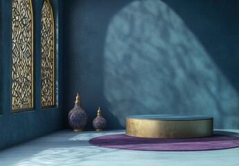 Sticker - A round podium with a gold texture stands on the right side of an empty blue wall in a modern interior design style. A small purple carpet and two vases placed next to it add a color contrast