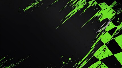 Aufkleber - Abstract checkered flag with green paint splatters on black background.
