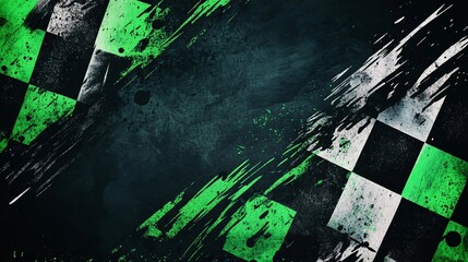 Poster - Grunge checkered flag background with vibrant green and white squares, distressed texture.