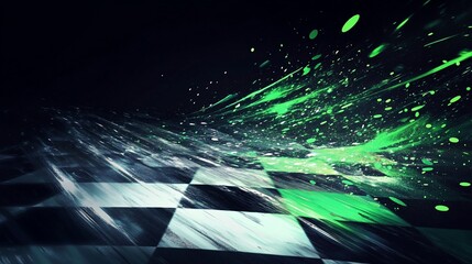 Fototapete - Abstract checkered racing track with vibrant green bursts of energy.