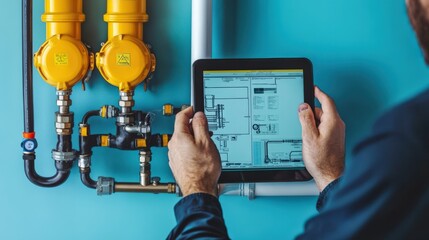 Wall Mural - A man is holding a tablet and looking at a diagram of pipes