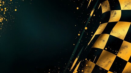 Aufkleber - Checkered flag waving on dark background with gold splatter.