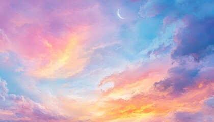 Wall Mural - Beautiful, colorful sky with a crescent moon at sunset. Copy space background, Peaceful night in nature in the bottom right corner. 