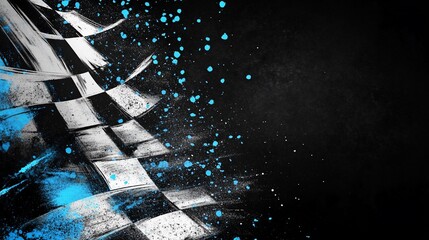 Aufkleber - Checkered flag with dynamic motion blur and vibrant blue splashes on a dark background.