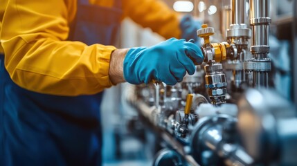 Wall Mural - A man in a yellow and blue jumpsuit is working on a pipe