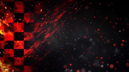 Fototapete - Burning checkered flag race background with fire and sparks.
